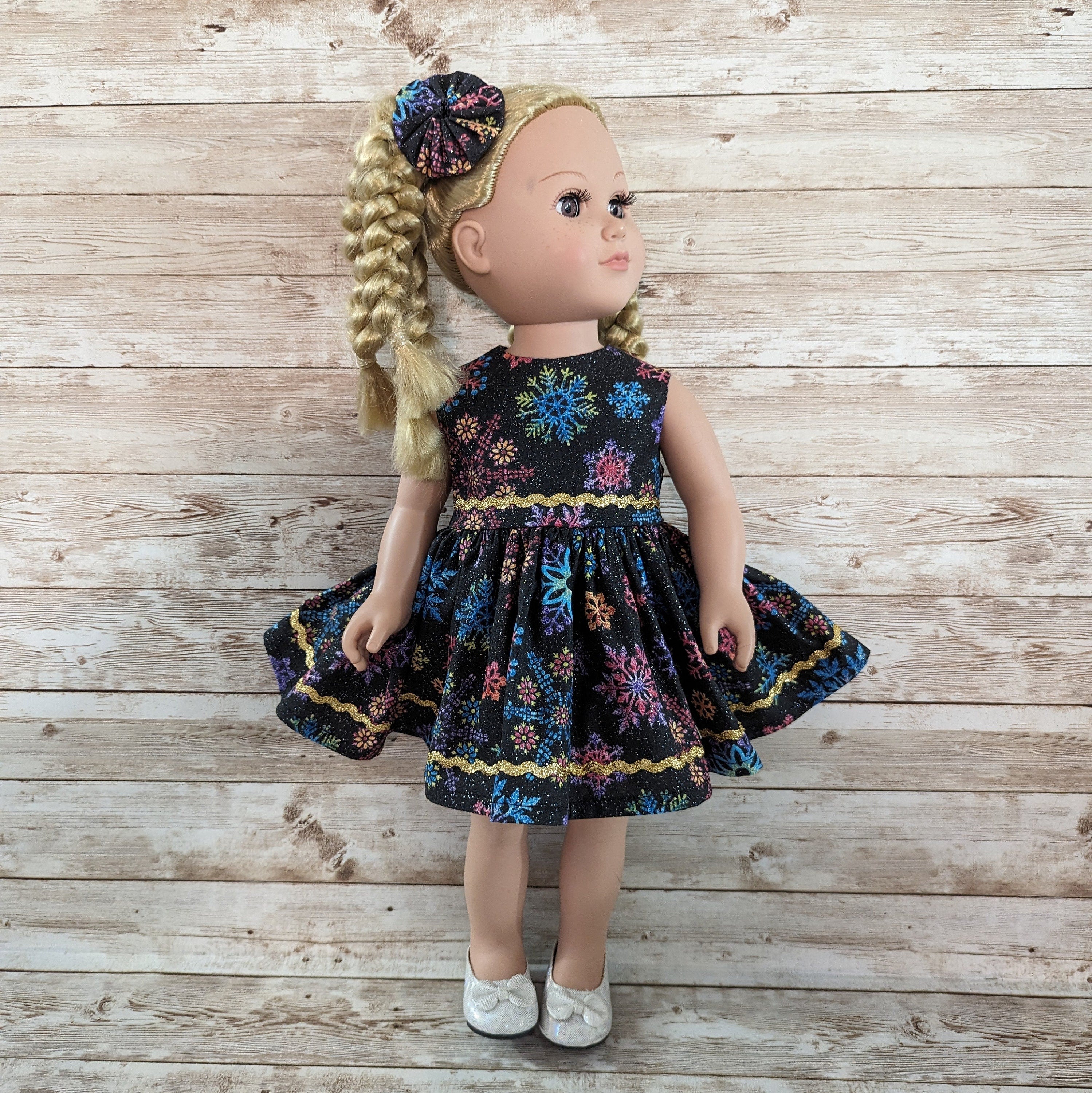 Black with multicolored snowflakes and sparkles doll dress fits American Girl and other similar 18 inch dolls