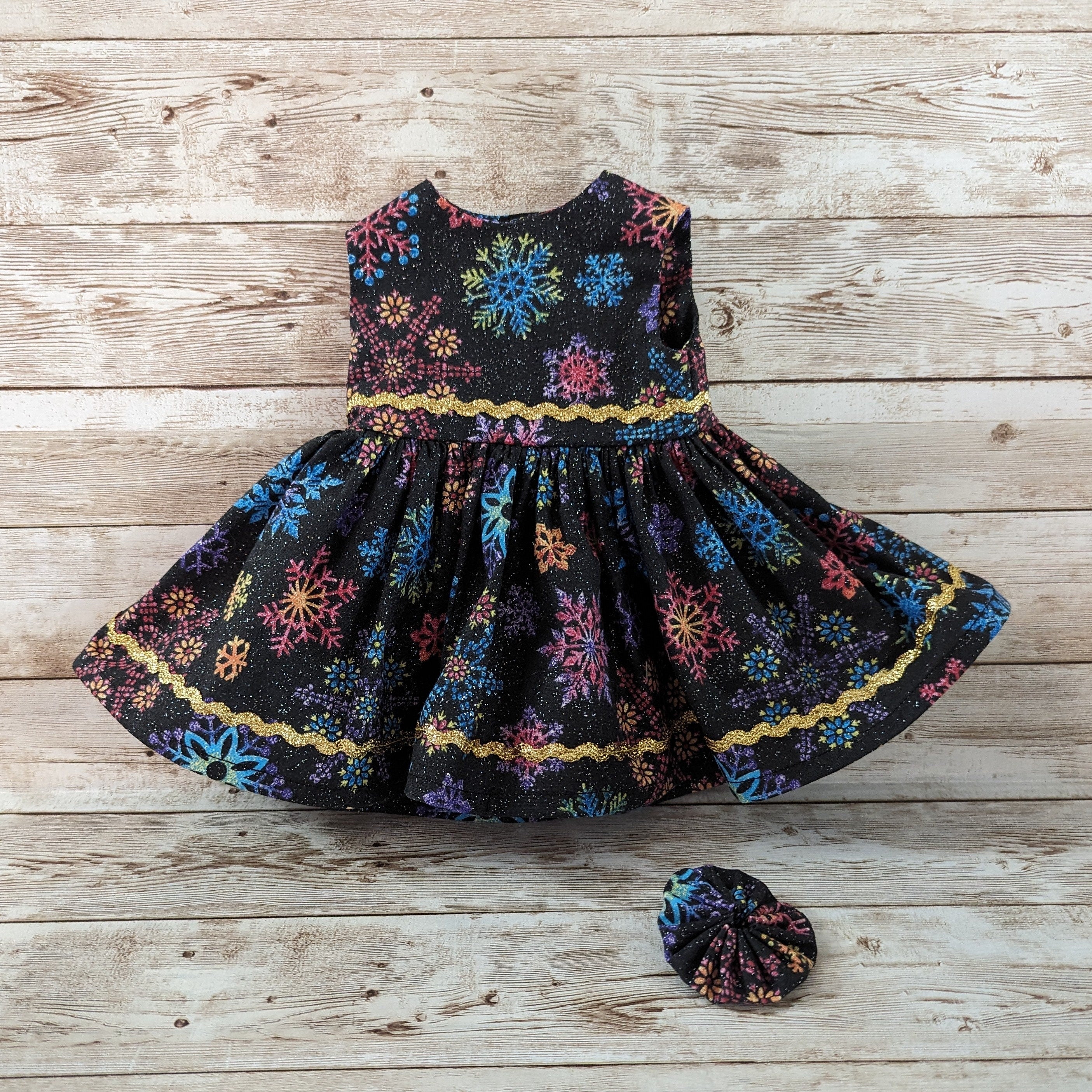 Black with multicolored snowflakes and sparkles doll dress fits American Girl and other similar 18 inch dolls