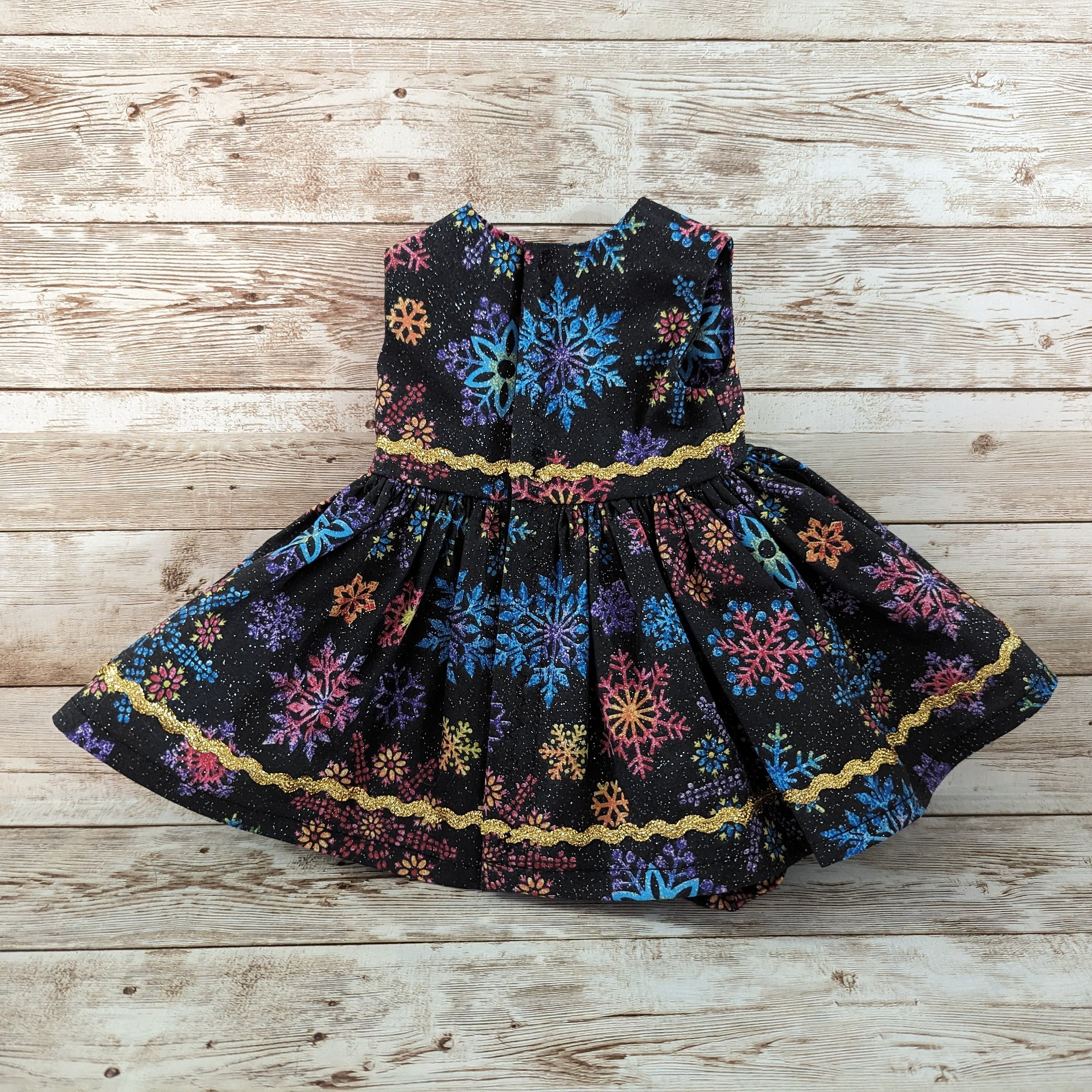 Black with multicolored snowflakes and sparkles doll dress fits American Girl and other similar 18 inch dolls