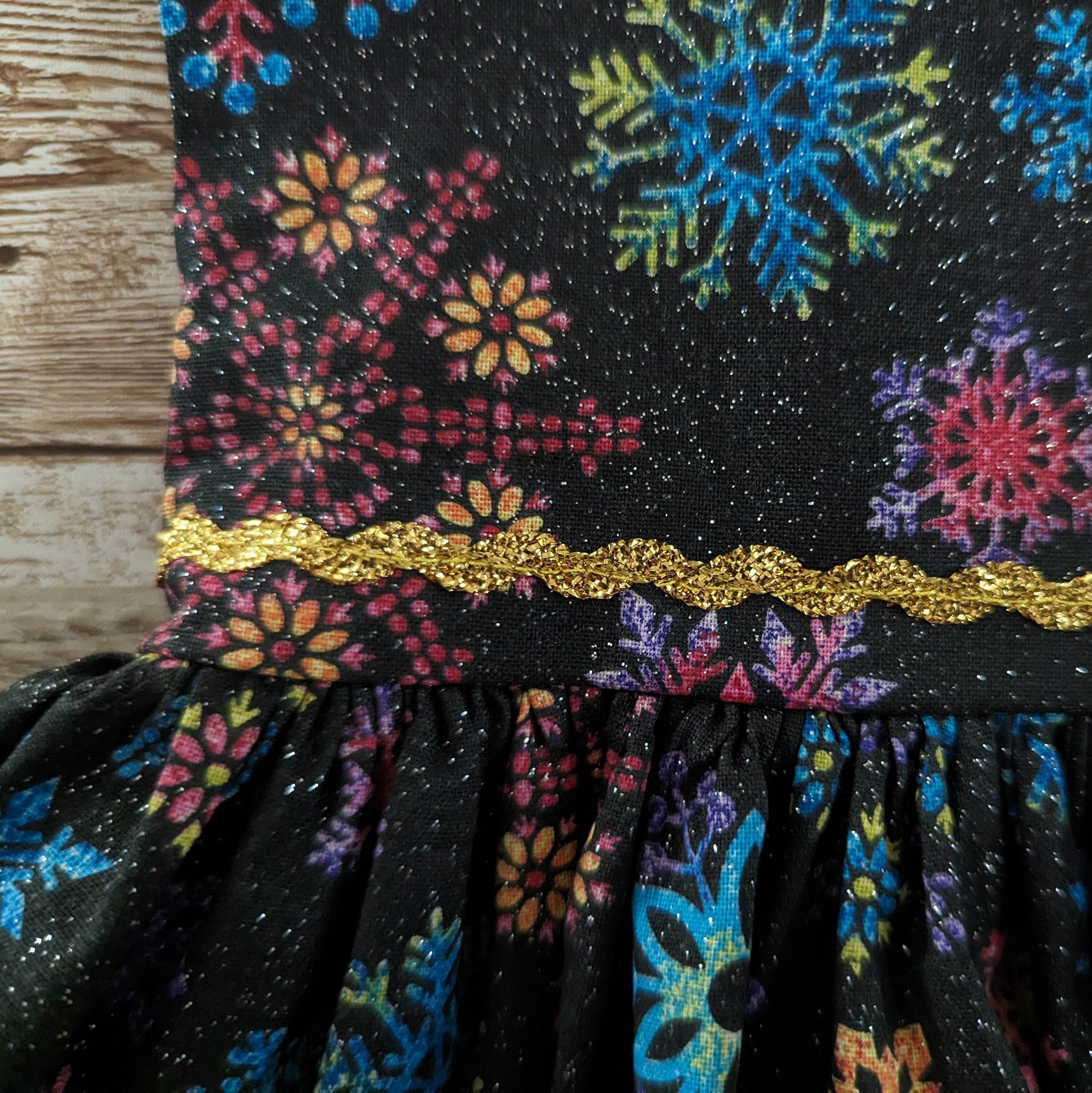 Black with multicolored snowflakes and sparkles doll dress fits American Girl and other similar 18 inch dolls