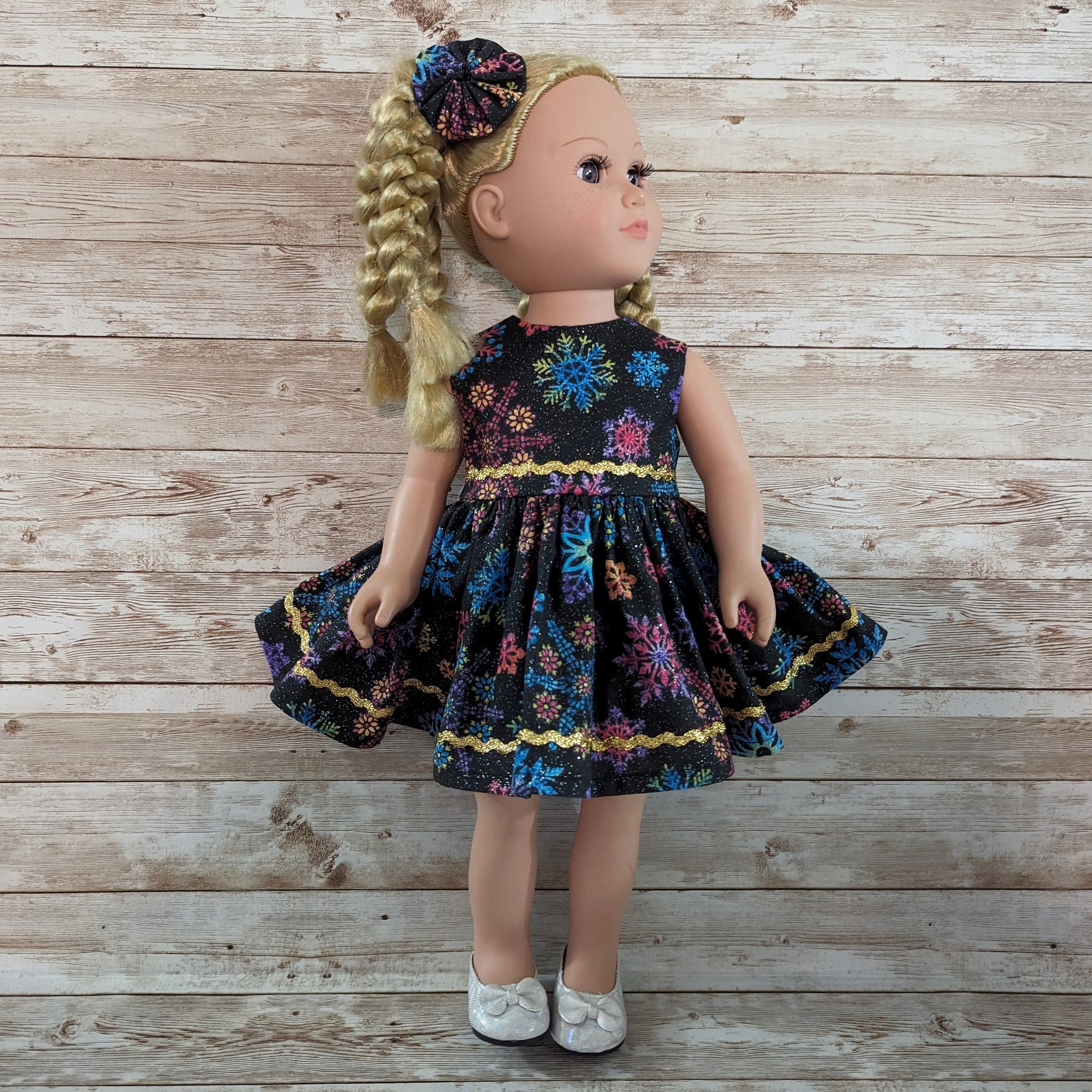 Black with multicolored snowflakes and sparkles doll dress fits American Girl and other similar 18 inch dolls
