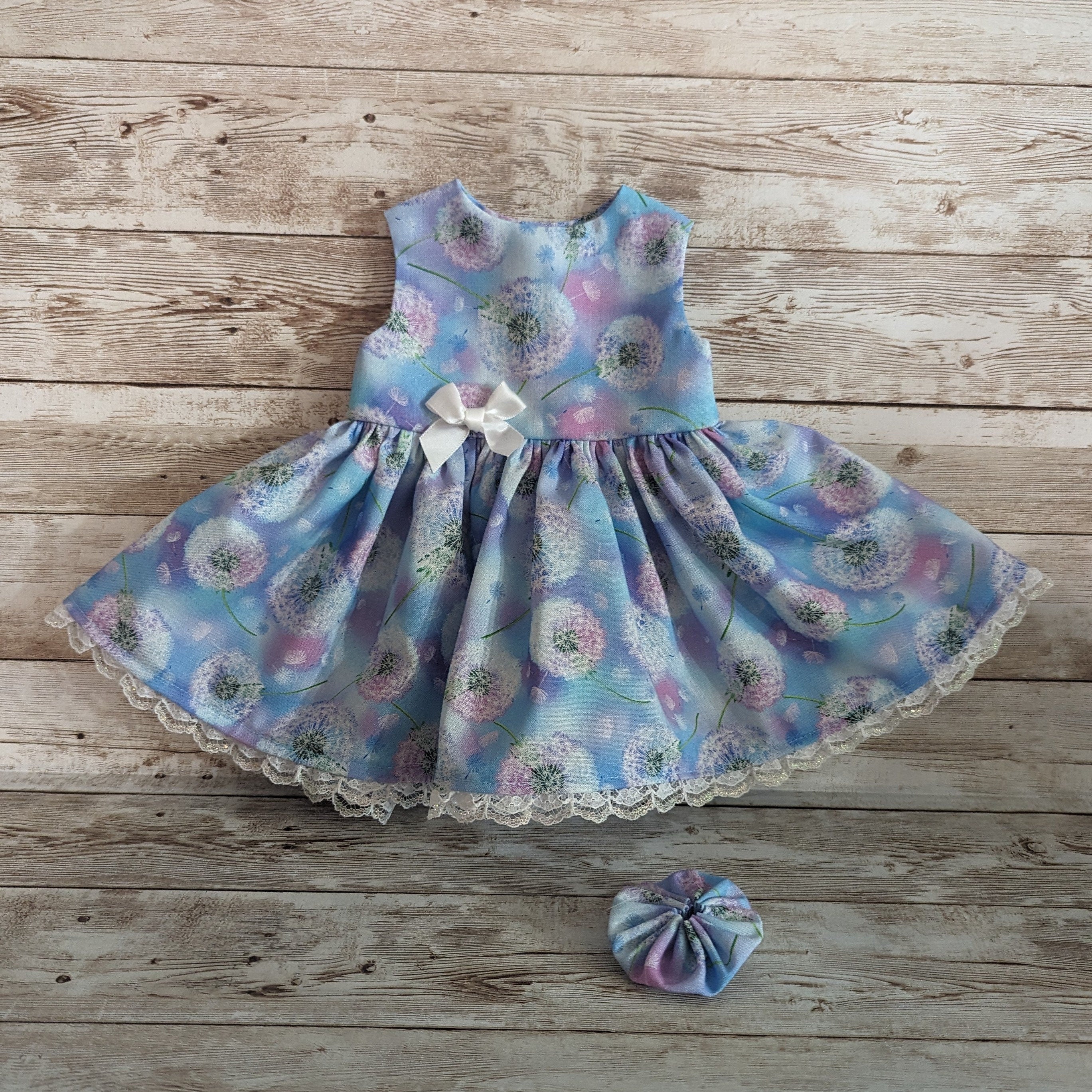 blue and pink dandelion puffs doll dress fits American Girl and other similar 18 inch dolls