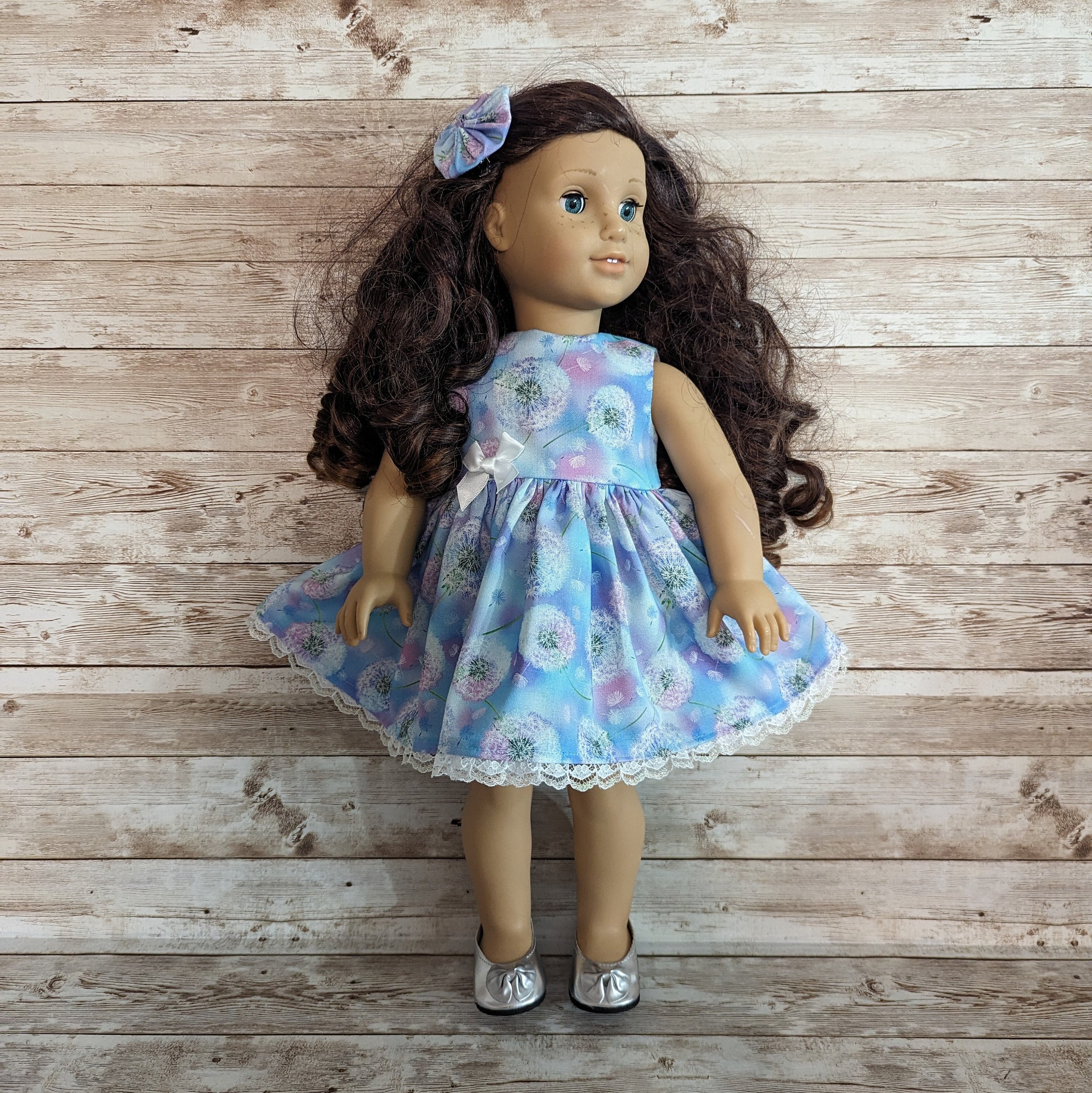 blue and pink dandelion puffs doll dress fits American Girl and other similar 18 inch dolls