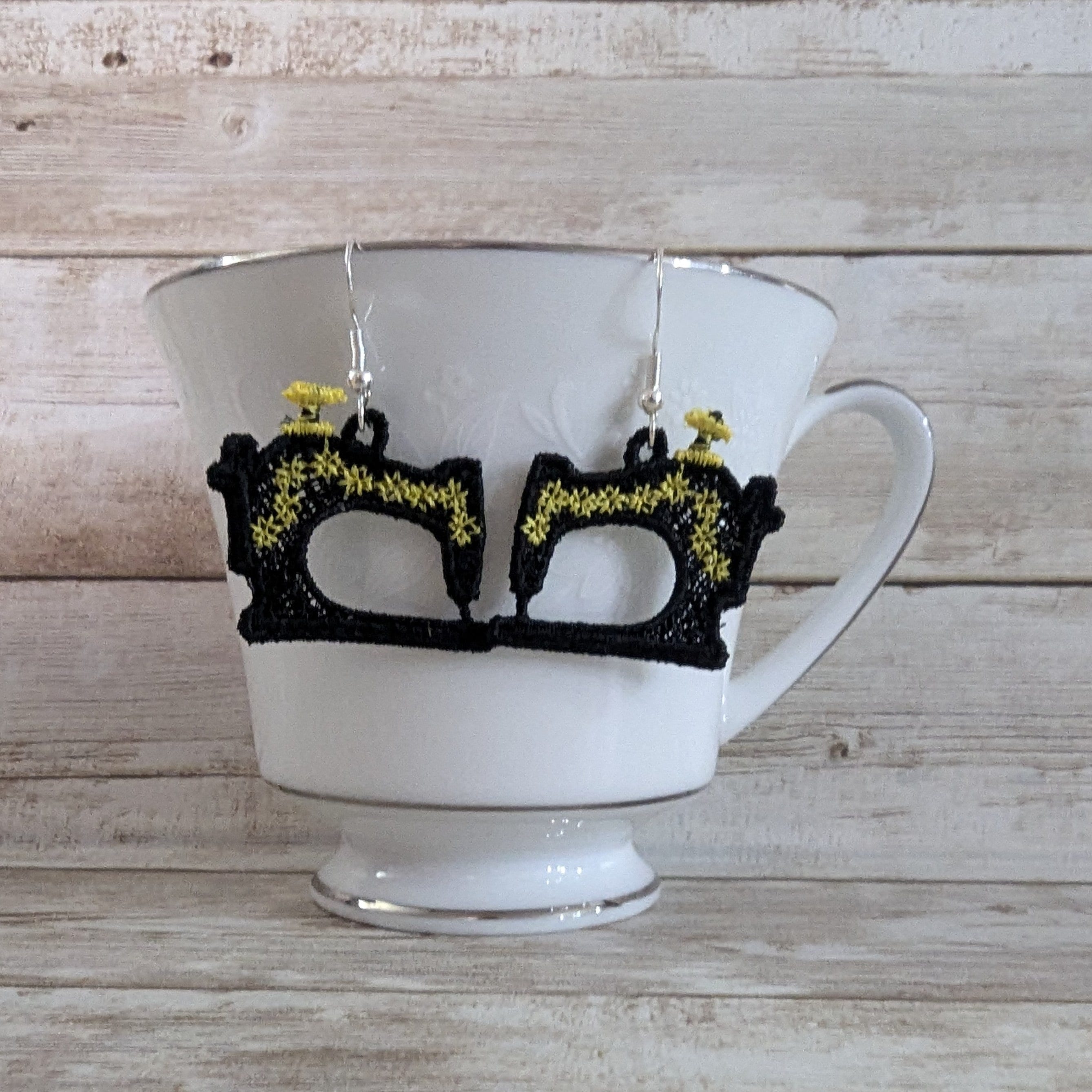 Antique sewing machine FSL embroidered drop earrings