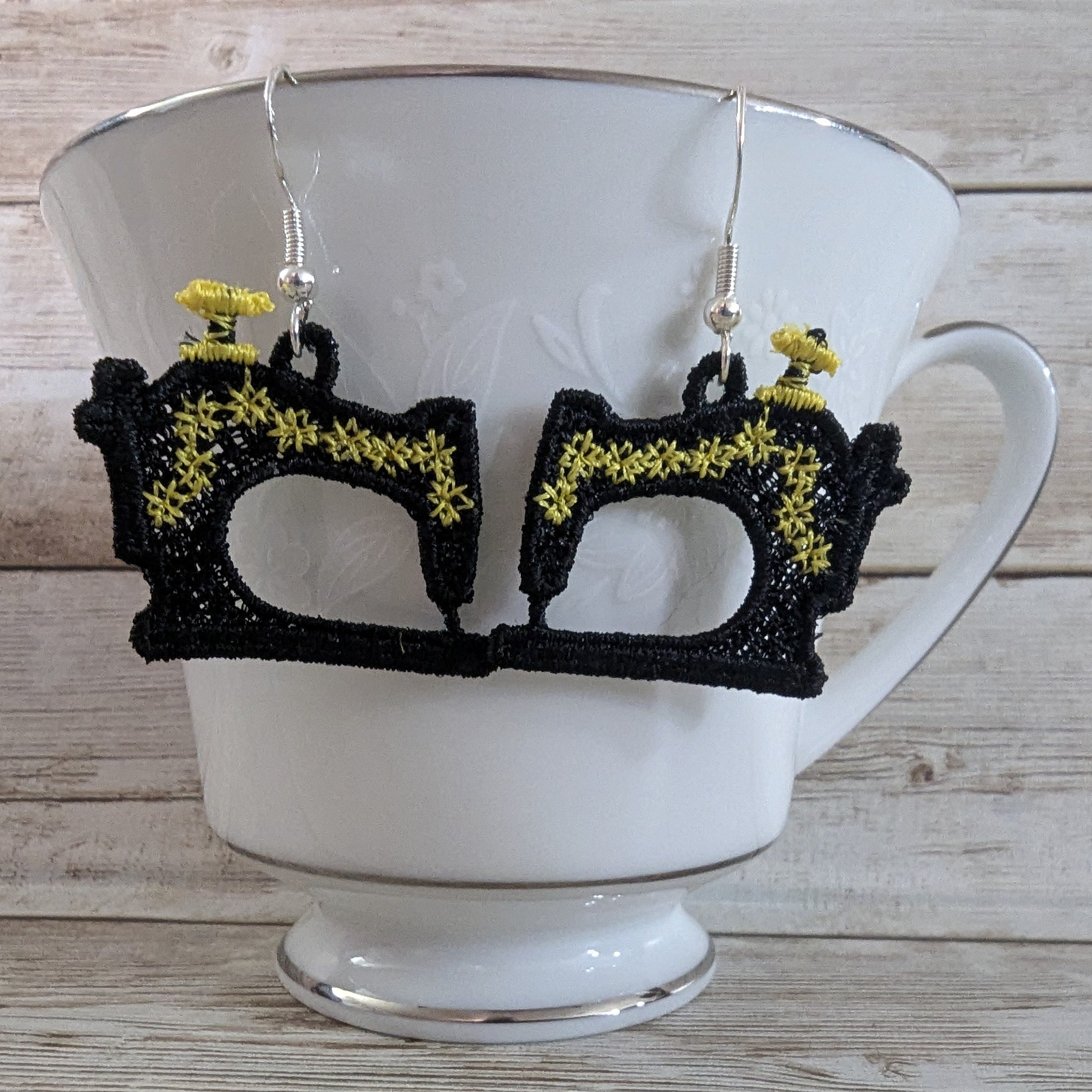 Antique sewing machine FSL embroidered drop earrings