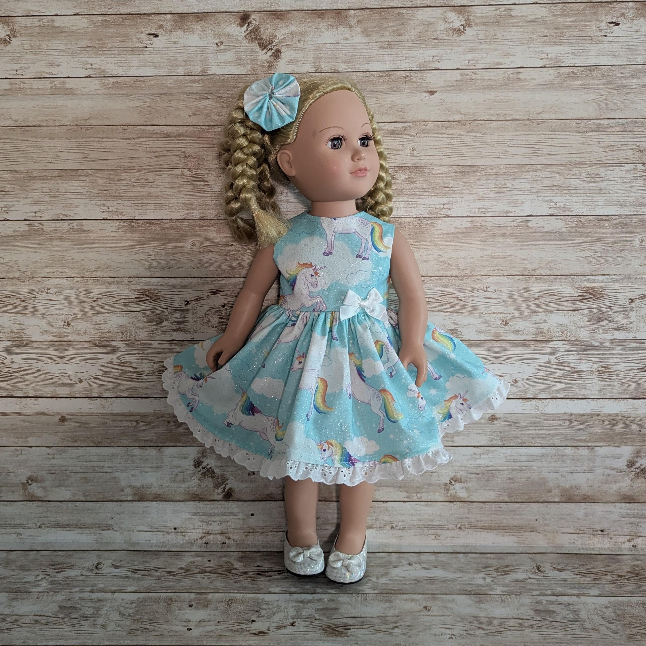 Aqua sparkly unicorn 18 inch doll dress fits American Girl and other similar dolls