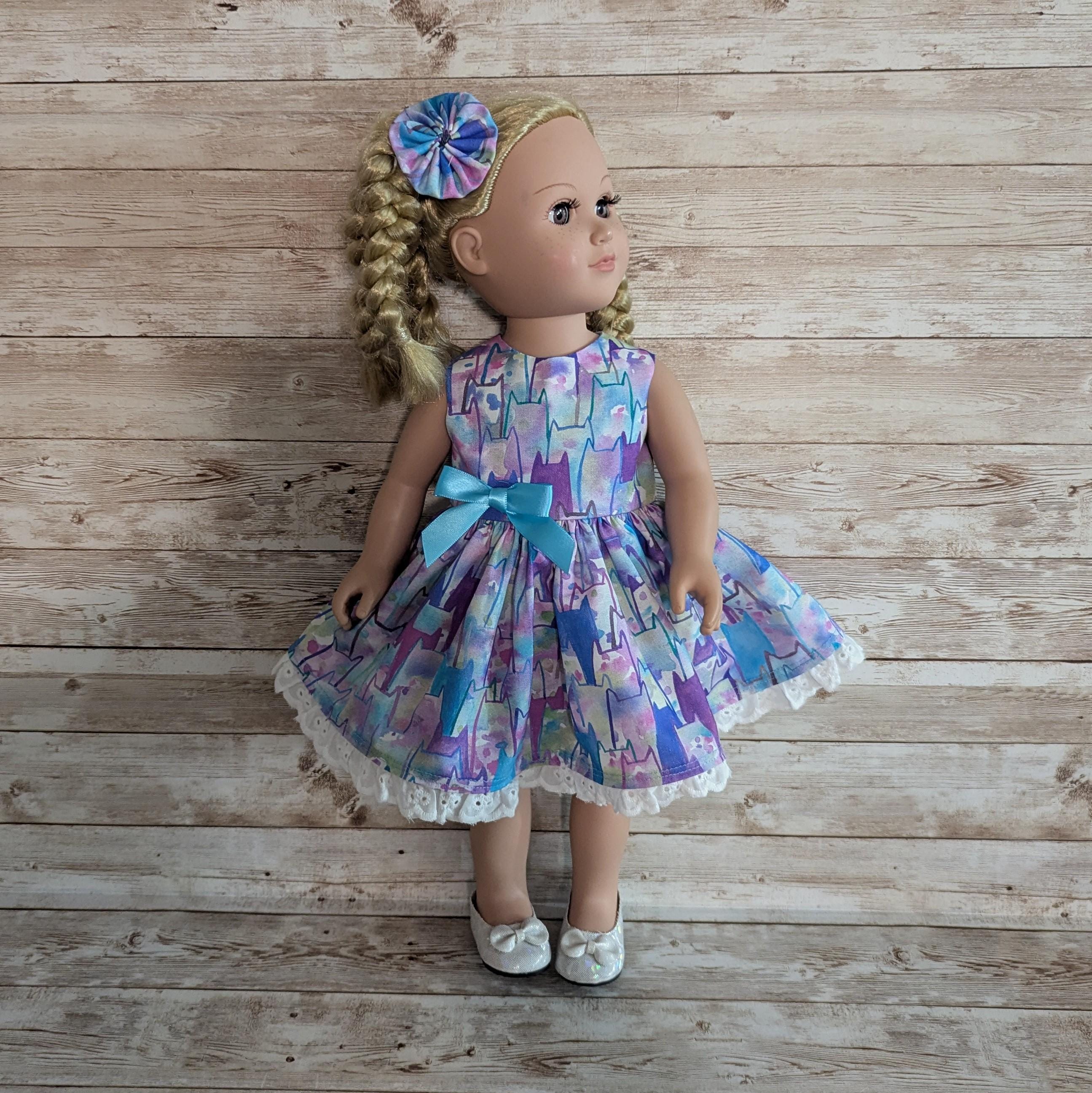 Blue and purple kitty cats 18 inch doll dress fits American Girl and other similar dolls