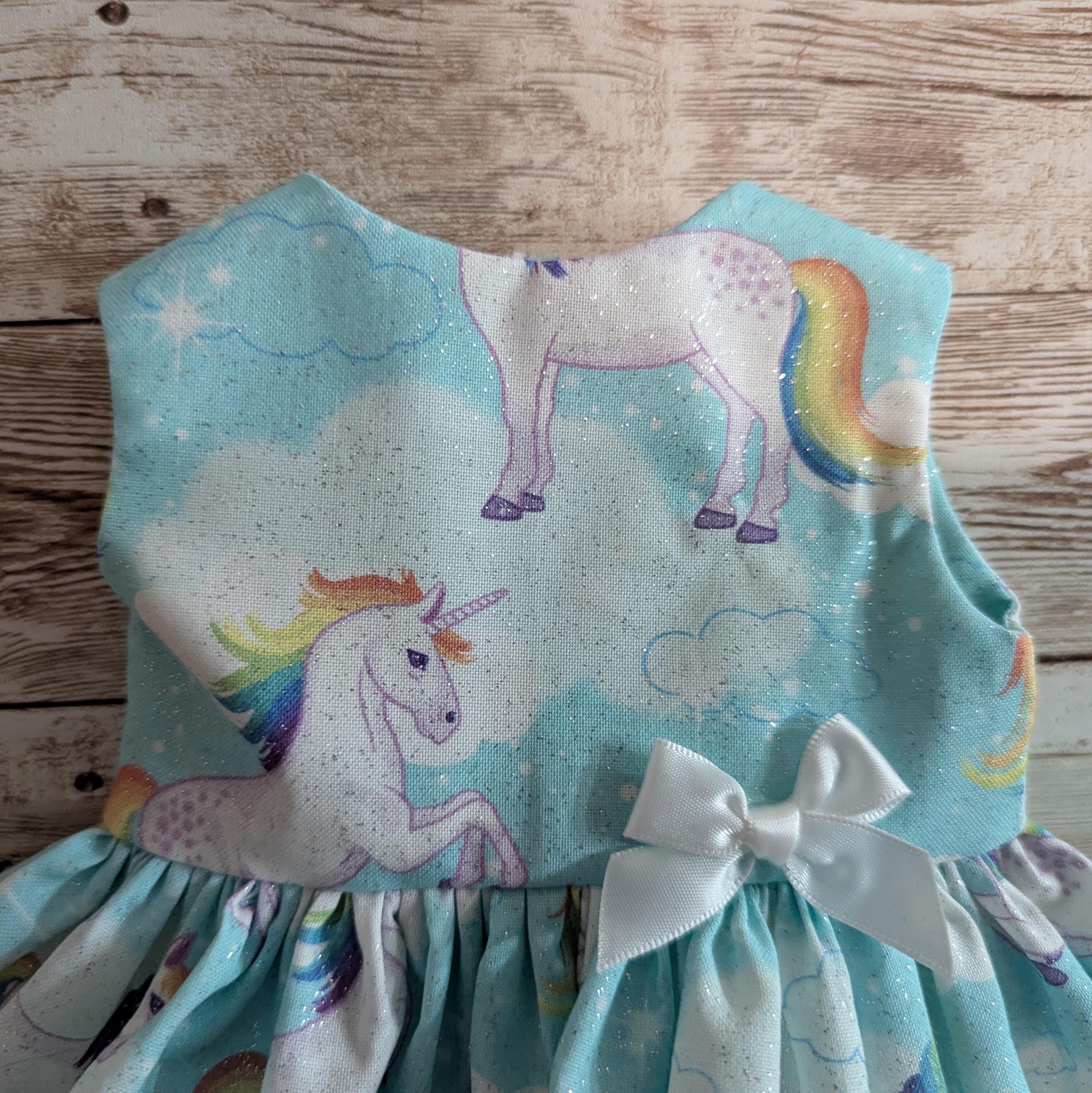 Aqua sparkly unicorn 18 inch doll dress fits American Girl and other similar dolls